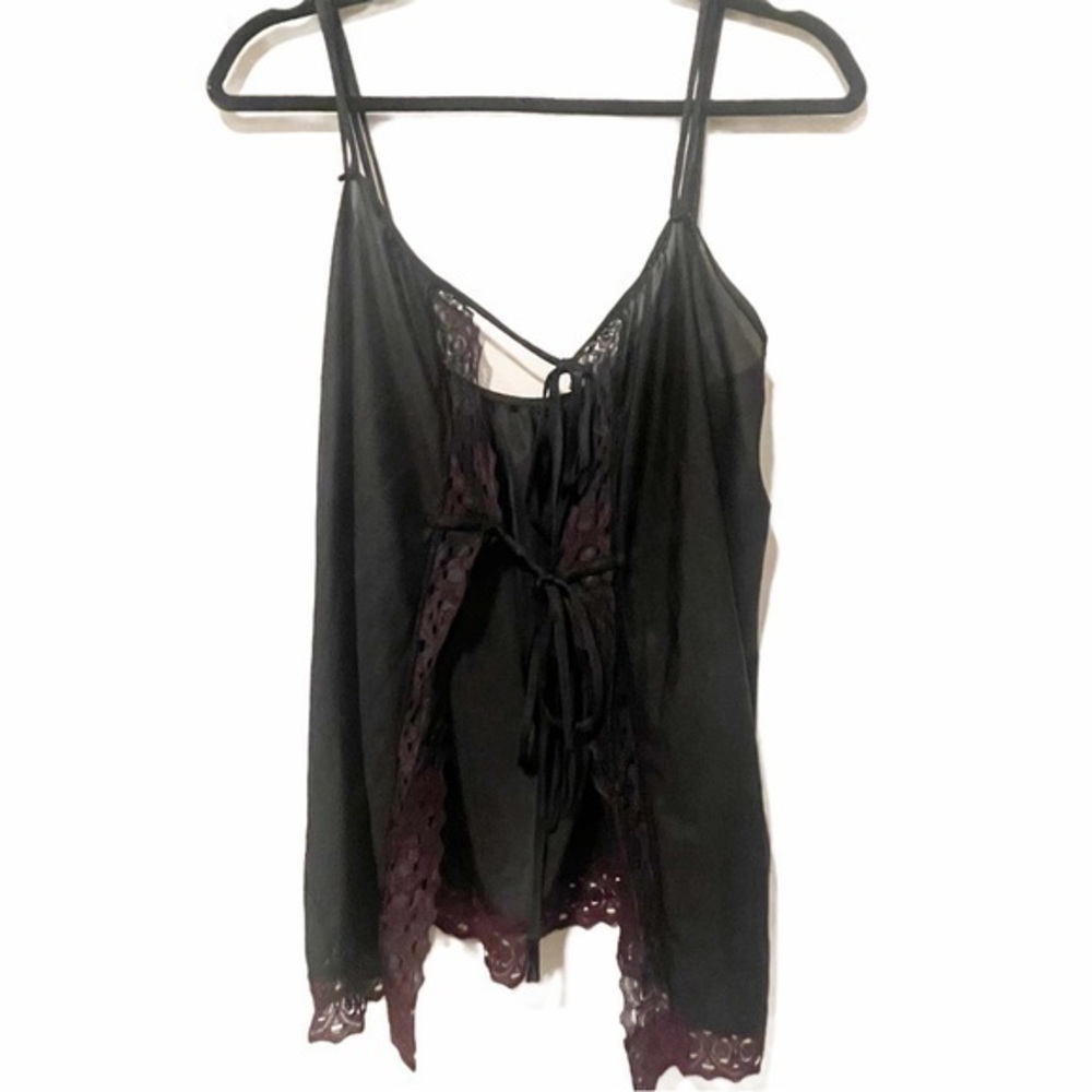 Mistra Black & Burgundy Lace Trim Tie Front Babydoll Cami Whimsigoth Size Medium